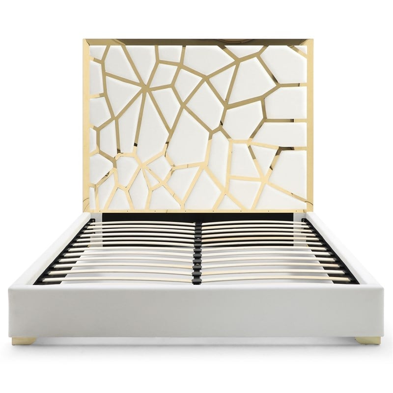 Pemberly Row King Velvet Bed with Gold Metal Frame in Cream Color