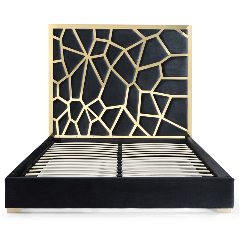 Pemberly Row King Velvet Bed with Gold Metal Frame in Black Color