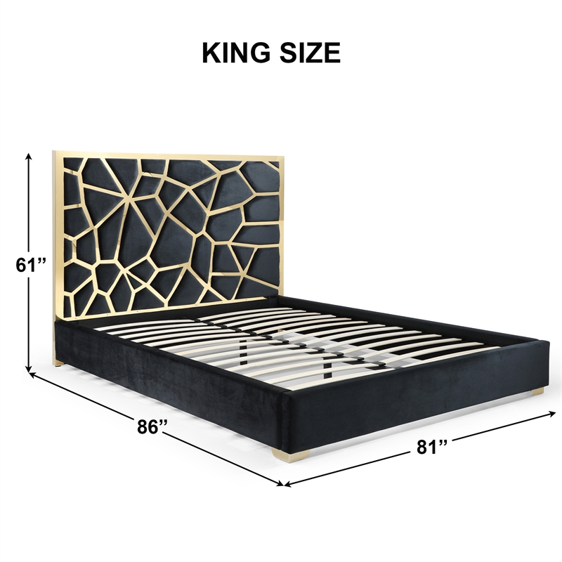 Pemberly Row King Velvet Bed with Gold Metal Frame in Black Color