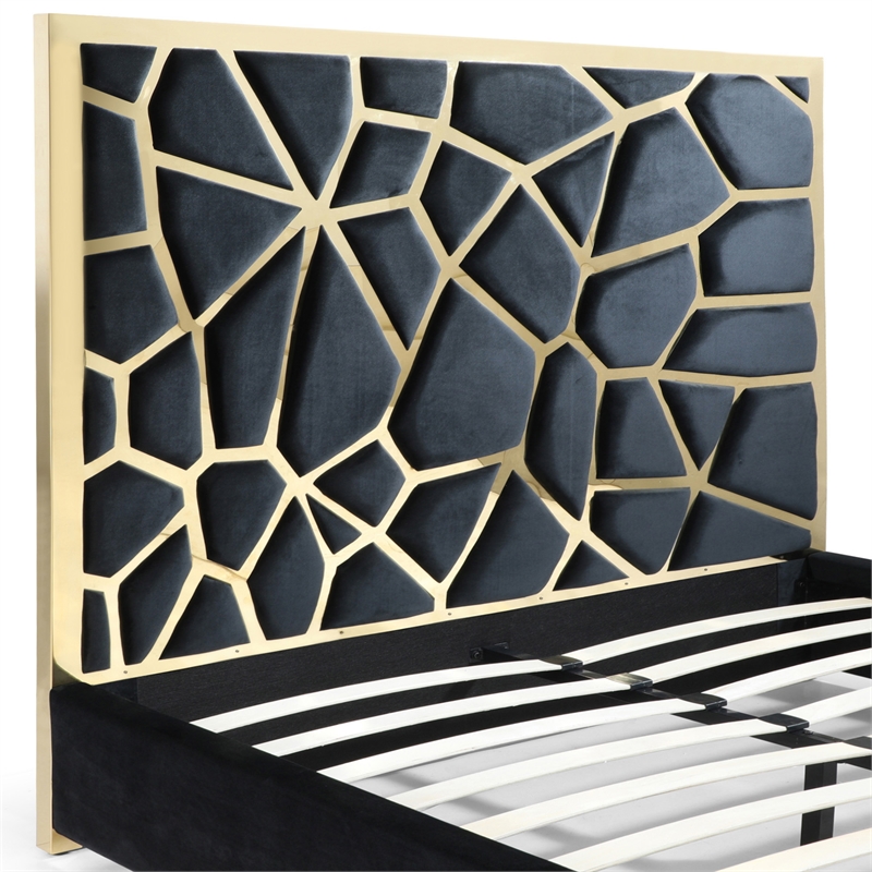 Pemberly Row King Velvet Bed with Gold Metal Frame in Black Color