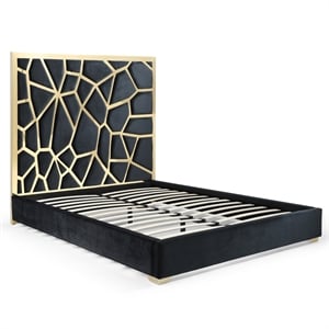 Pemberly Row King Velvet Bed with Gold Metal Frame in Black Color
