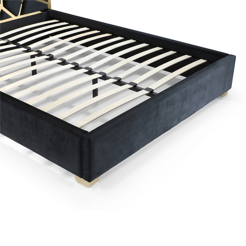 Pemberly Row King Velvet Bed with Gold Metal Frame in Black Color