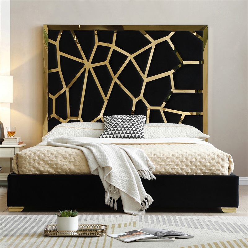 Pemberly Row King Velvet Bed with Gold Metal Frame in Black Color