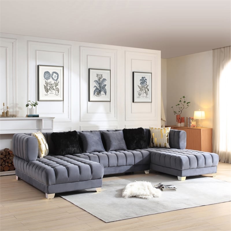 Pemberly Row Gray Velvet U-Shaped Double Chaise Sectional Sofa
