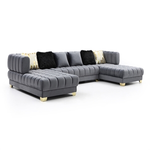 Pemberly Row Gray Velvet U-Shaped Double Chaise Sectional Sofa