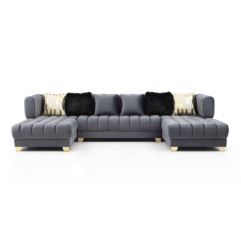 Pemberly Row Gray Velvet U-Shaped Double Chaise Sectional Sofa