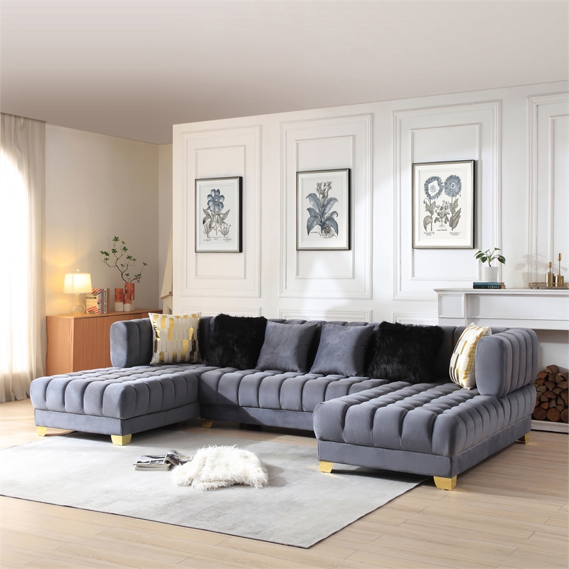 Pemberly Row Gray Velvet U-Shaped Double Chaise Sectional Sofa