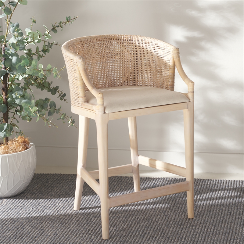 Pemberly Row Solid Wood and Cotton Counter Stool in Natural/White
