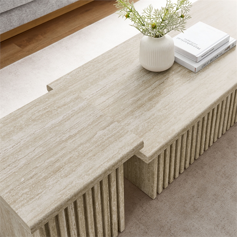 Pemberly Row Contemporary Coffee Tables Set of 2 in Travertine