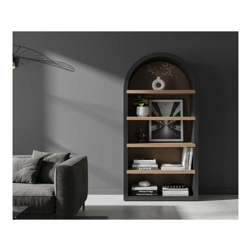 Pemberly Row Modern / Contemporary Arched Solid Wood Bookcase in Black