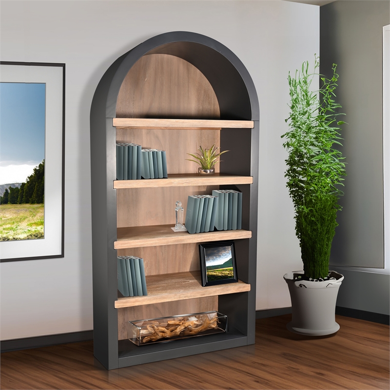Pemberly Row Modern / Contemporary Arched Solid Wood Bookcase in Black