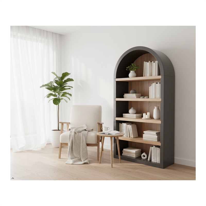 Pemberly Row Modern / Contemporary Arched Solid Wood Bookcase in Black