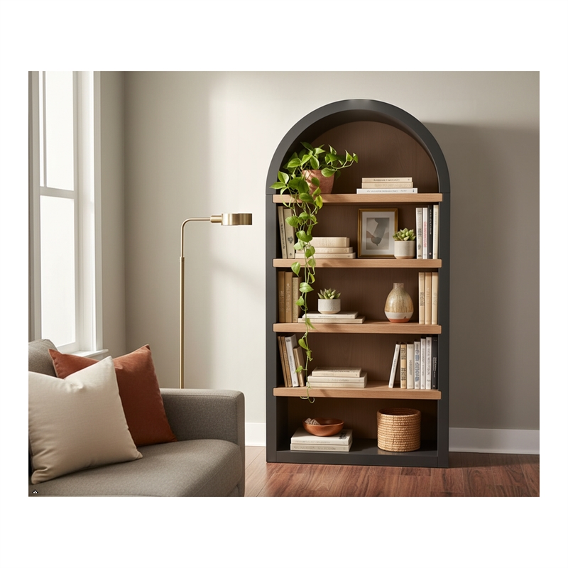 Pemberly Row Modern / Contemporary Arched Solid Wood Bookcase in Black