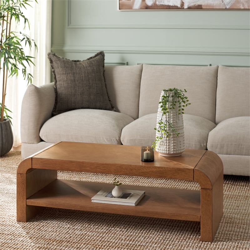 Pemberly Row Contemporary Wood 1 Shelf Coffee Table in Natural