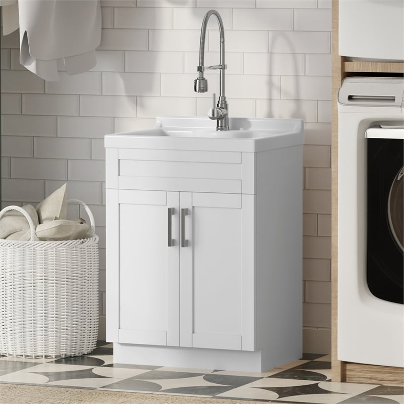 Pemberly Row 24-inch ABS Utility Sink & Cabinet in Pure White