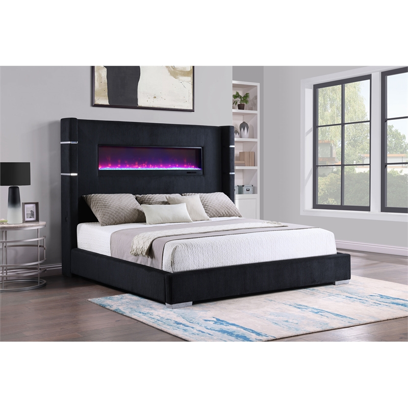 Pemberly Row Wingback Upholstered Fabric Queen Fireplace Bed Black