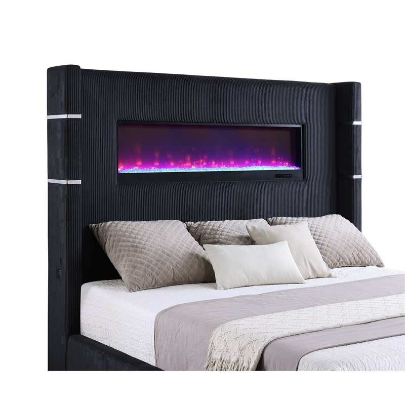 Pemberly Row Wingback Upholstered Fabric Queen Fireplace Bed Black