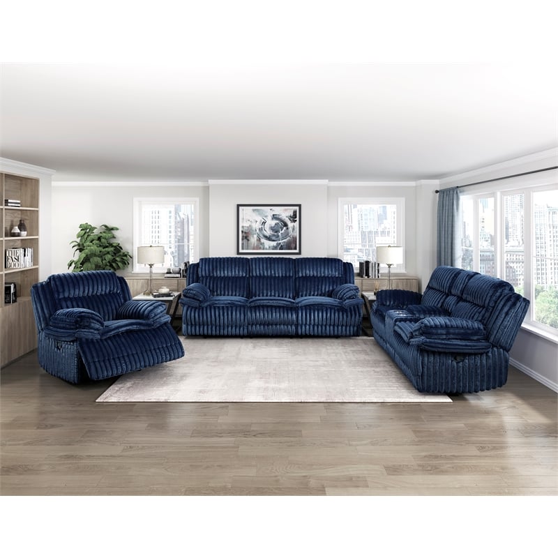 Pemberly Row Contemporary Corduroy Double Reclining Sofa in Blue