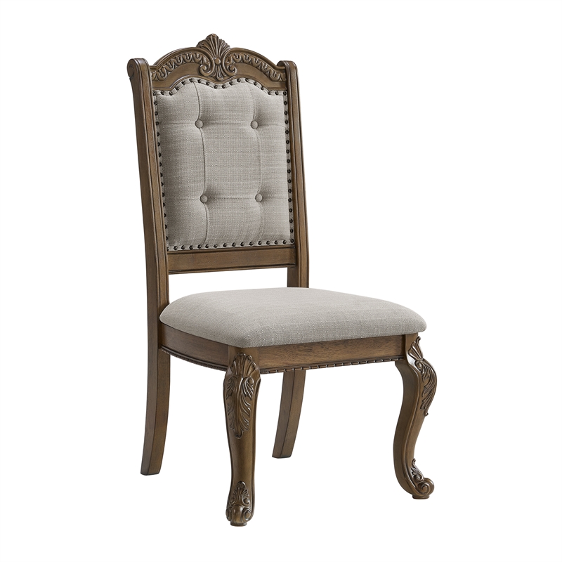 Pemberly Row Dining Side Chair Set with Beige Fabric in Walnut