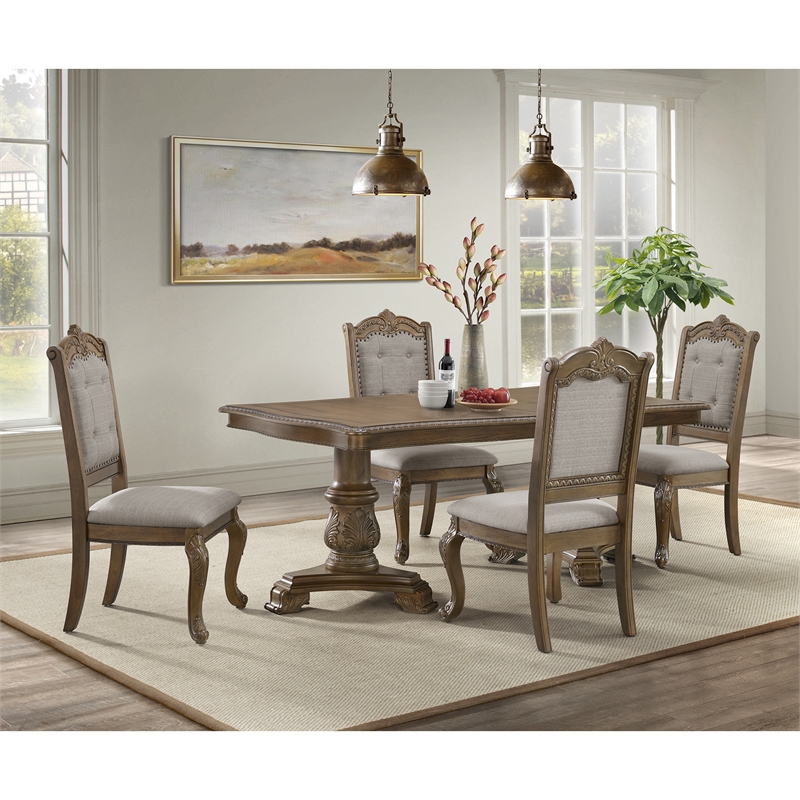 Pemberly Row Dining Side Chair Set with Beige Fabric in Walnut