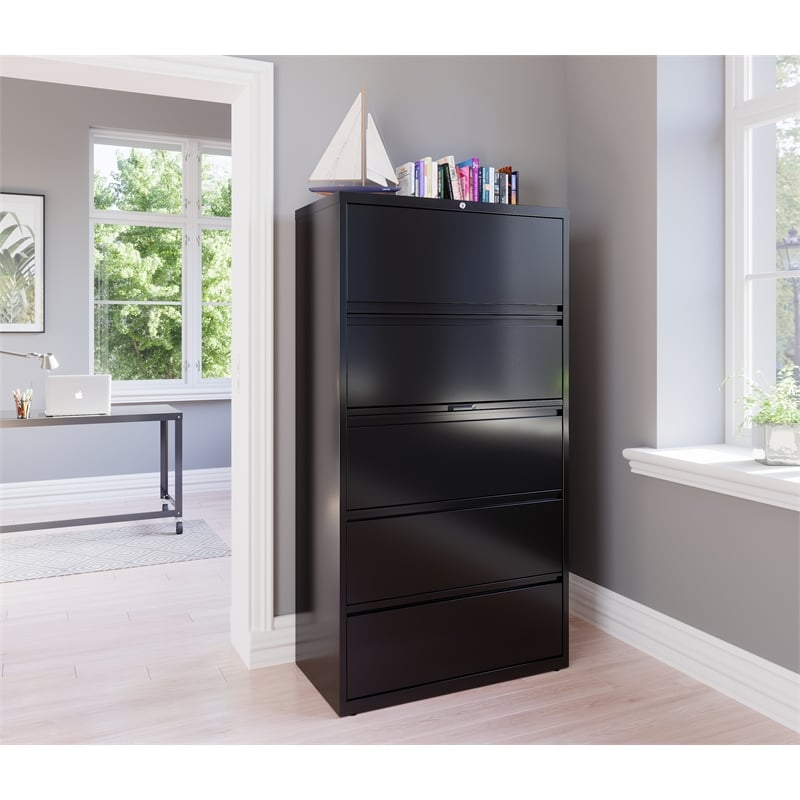 Pemberly Row 36-in Wide Metal 5 Drawer Lateral Filing Cabinet Black