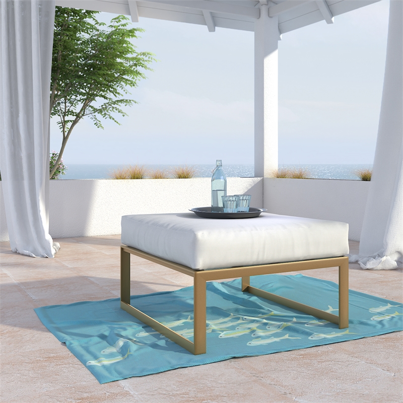Pemberly Row Modern Outdoor Ottoman in White and French Gold