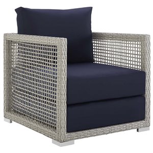 Pemberly Row 15.5&quot Rattan & Fabric Outdoor Patio Armchair in Gray/Navy