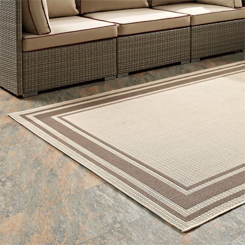 Pemberly Row Solid Border Indoor and Outdoor Area Rug - Light/Dark Beige