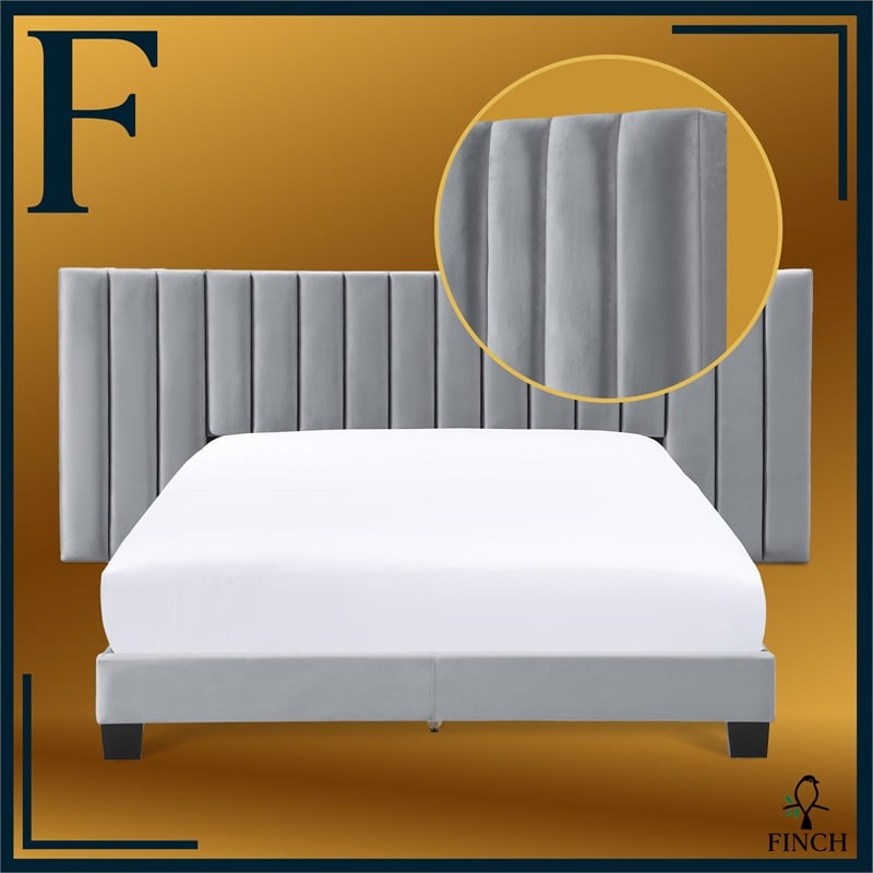 Pemberly Row Channel Tufted Upholstered Bed King Size Gray Velvet