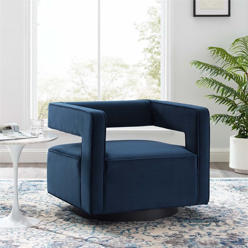 Pemberly Row Modern Performance Velvet Swivel Armchair in Midnight Blue