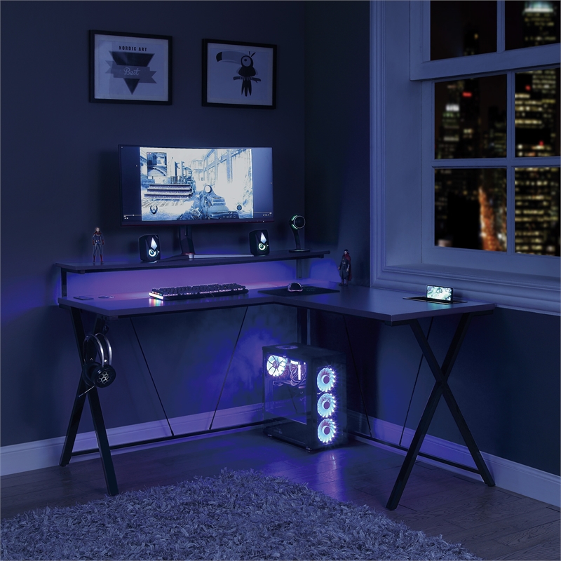Pemberly Row Modern L shaped Black Engineered Wood Gaming Desk