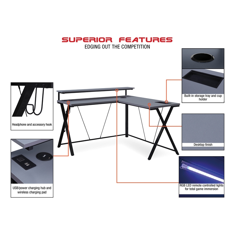 Pemberly Row Modern L shaped Black Engineered Wood Gaming Desk