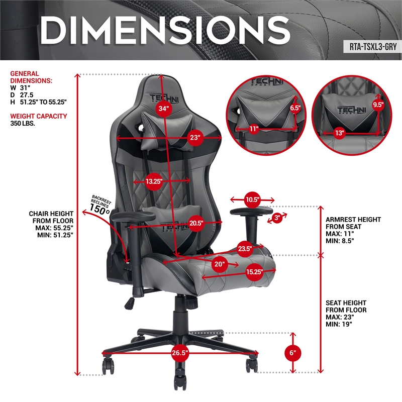 Pemberly Row Sport Polyurethane and Steel Frame XL-Ergonomic Gaming Chair - Gray