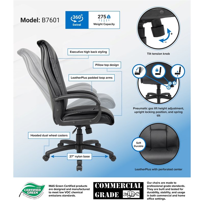 Pemberly Row Modern LeatherPlus Spring Tilt Office Chair in Black