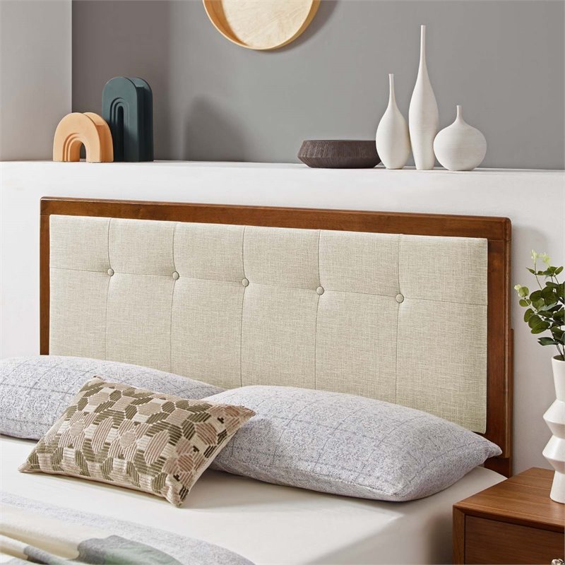 Pemberly Row Tufted Full Fabric and Wood Headboard in Walnut/Beige