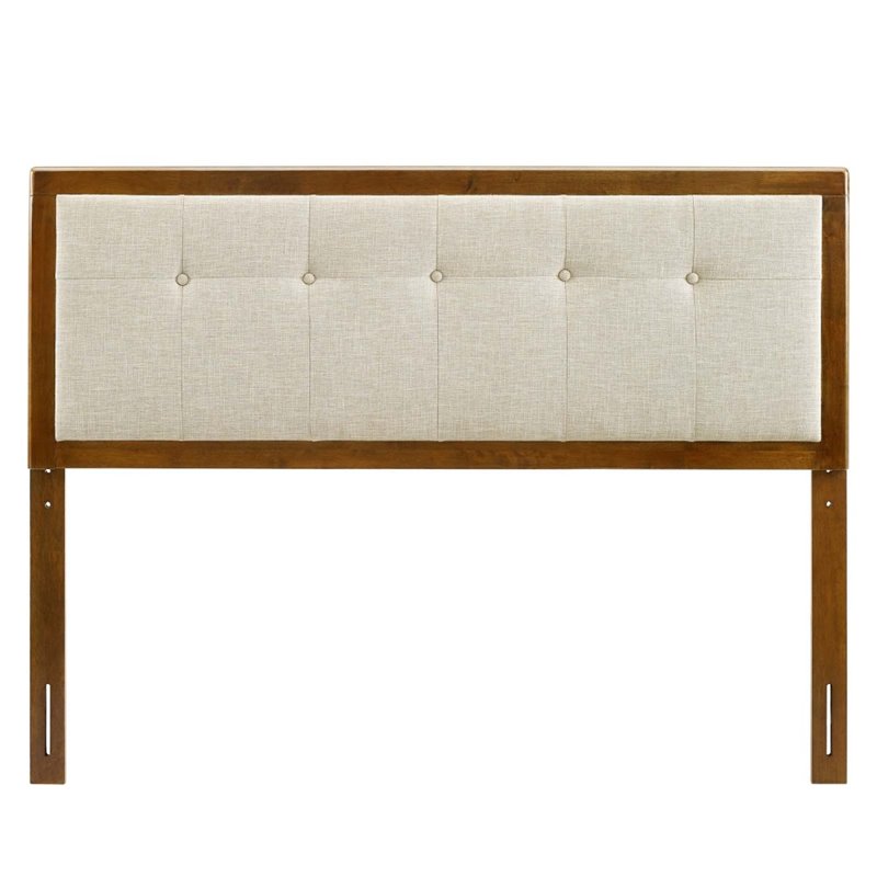 Pemberly Row Tufted Full Fabric and Wood Headboard in Walnut/Beige