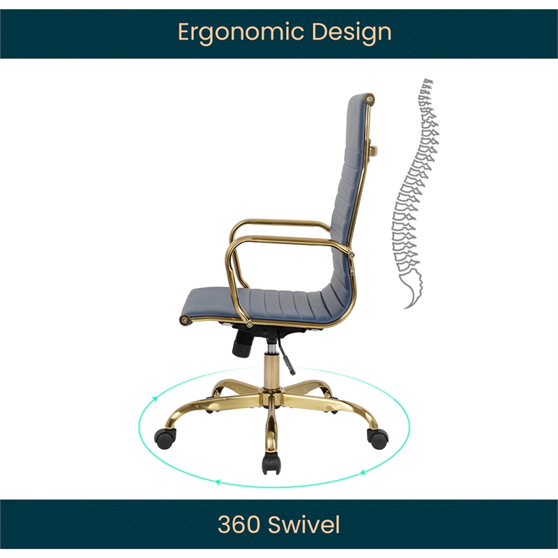 Pemberly Row High-Back Leather Office Chair With Gold Frame in Navy Blue