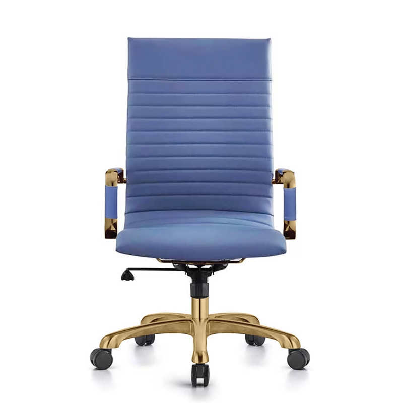 Pemberly Row High-Back Leather Office Chair With Gold Frame in Navy Blue