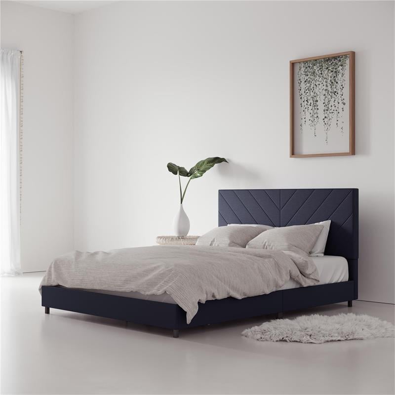 Pemberly Row Upholstered Bed with USB Dual Port Queen in Navy Linen