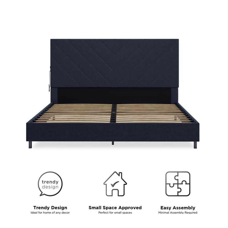 Pemberly Row Upholstered Bed with USB Dual Port Queen in Navy Linen