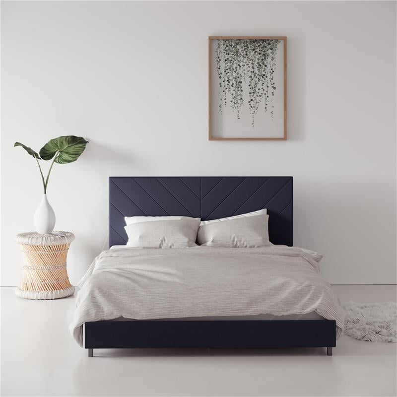 Pemberly Row Upholstered Bed with USB Dual Port Queen in Navy Linen