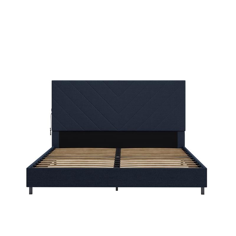 Pemberly Row Upholstered Bed with USB Dual Port Queen in Navy Linen