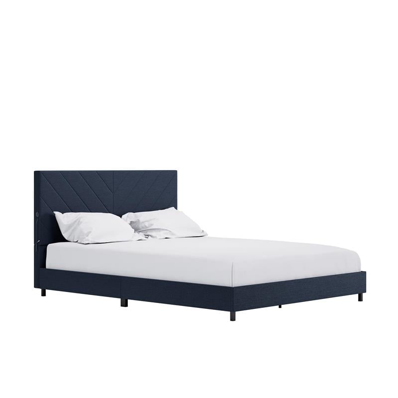 Pemberly Row Upholstered Bed with USB Dual Port Queen in Navy Linen