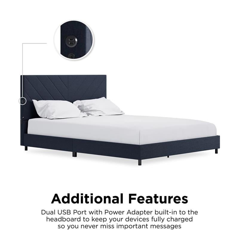 Pemberly Row Upholstered Bed with USB Dual Port Queen in Navy Linen