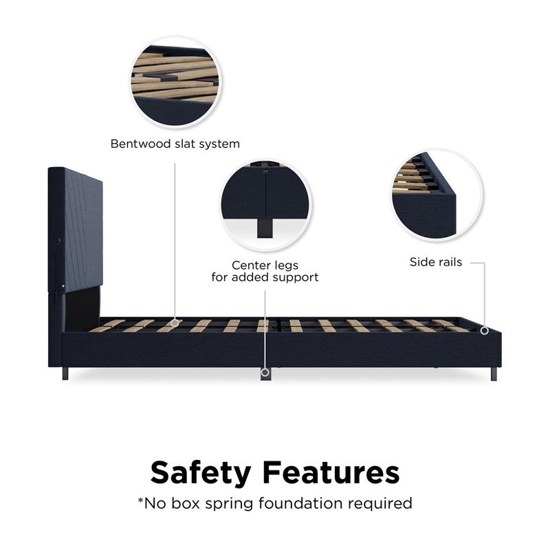 Pemberly Row Upholstered Bed with USB Dual Port Queen in Navy Linen
