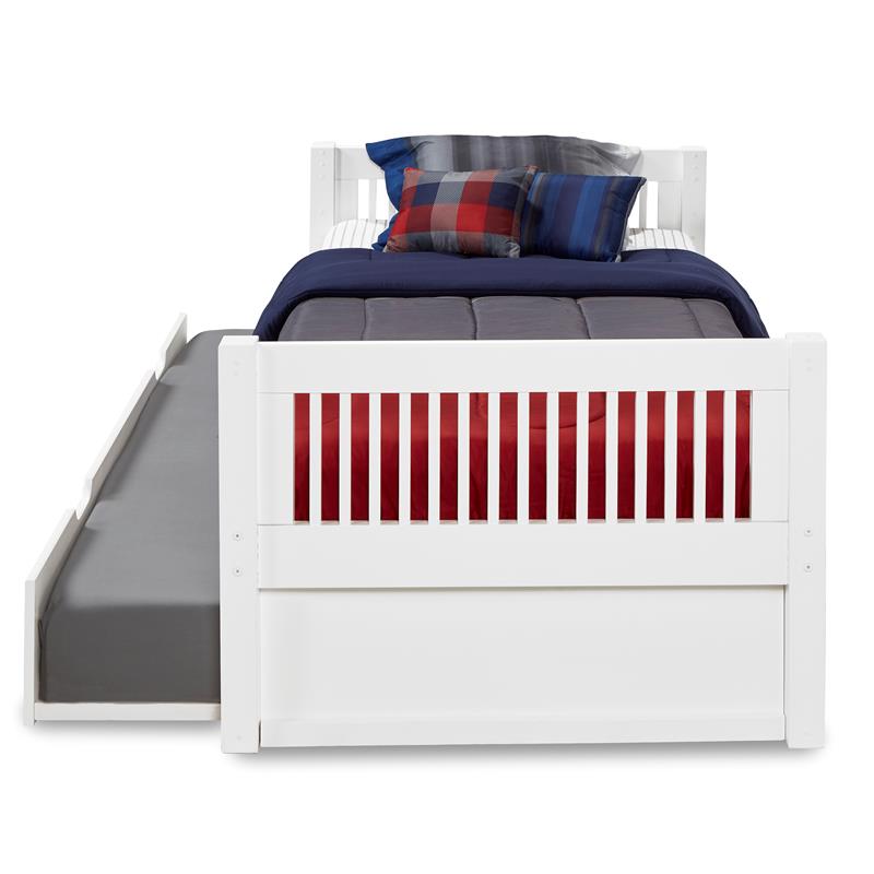 Pemberly Row White Twin Size Platform Bed with Twin Trundle - Mission Headboard