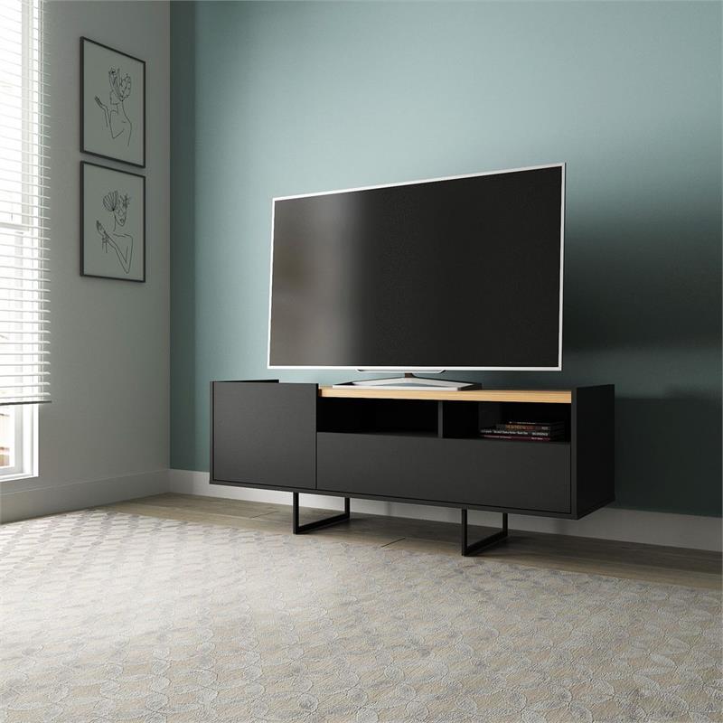 Pemberly Row Sleek Modern TV Stand with 4 Shelves in Black Cinnamon