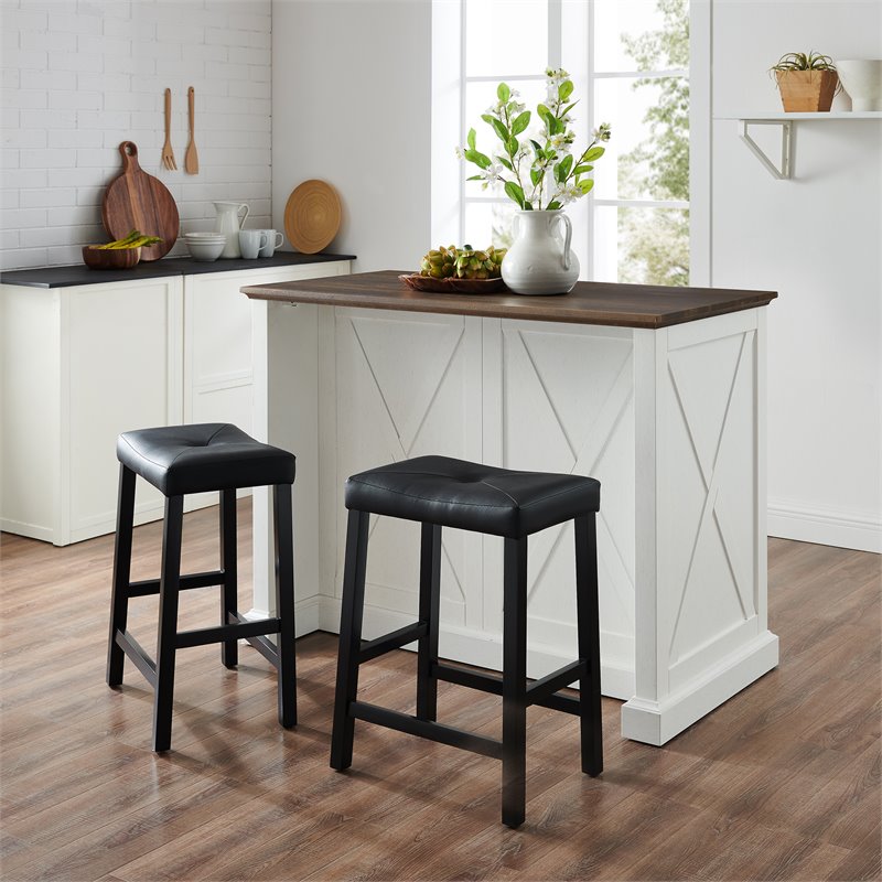 Pemberly Row Modern Wood Kitchen Island with Saddle Stools in White