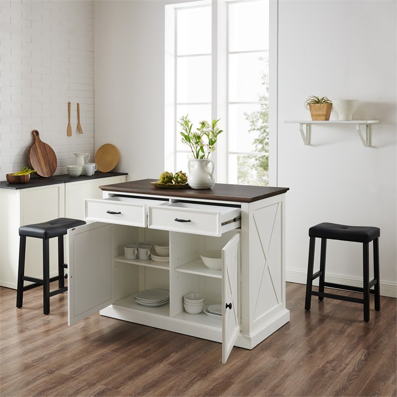 Pemberly Row Modern Wood Kitchen Island with Saddle Stools in White