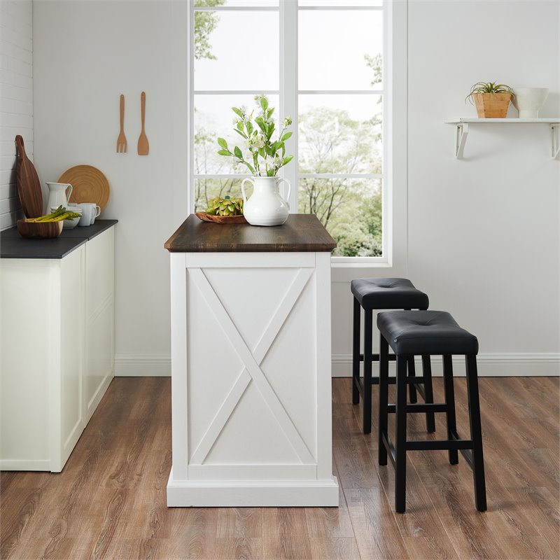 Pemberly Row Modern Wood Kitchen Island with Saddle Stools in White